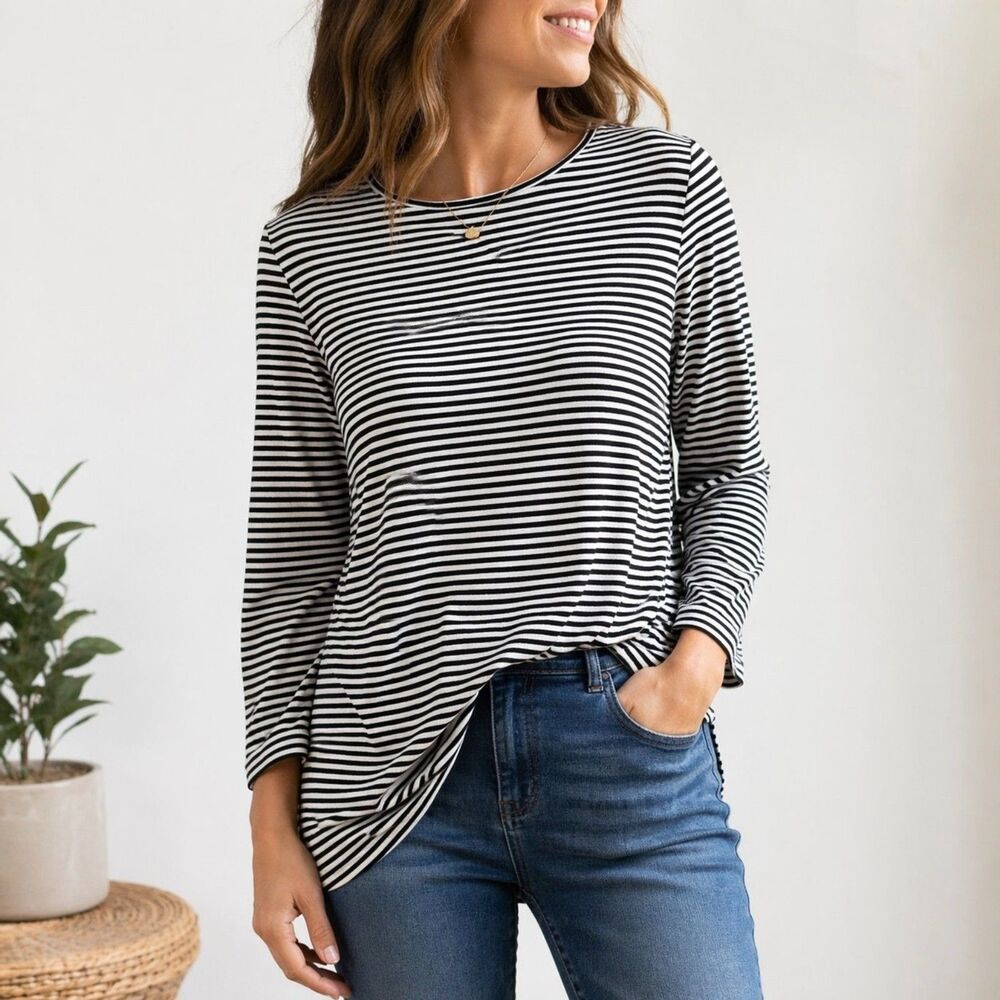 J Jill Wearever Striped Tunic Top L Black White Stretch Travel Casual Minimalist